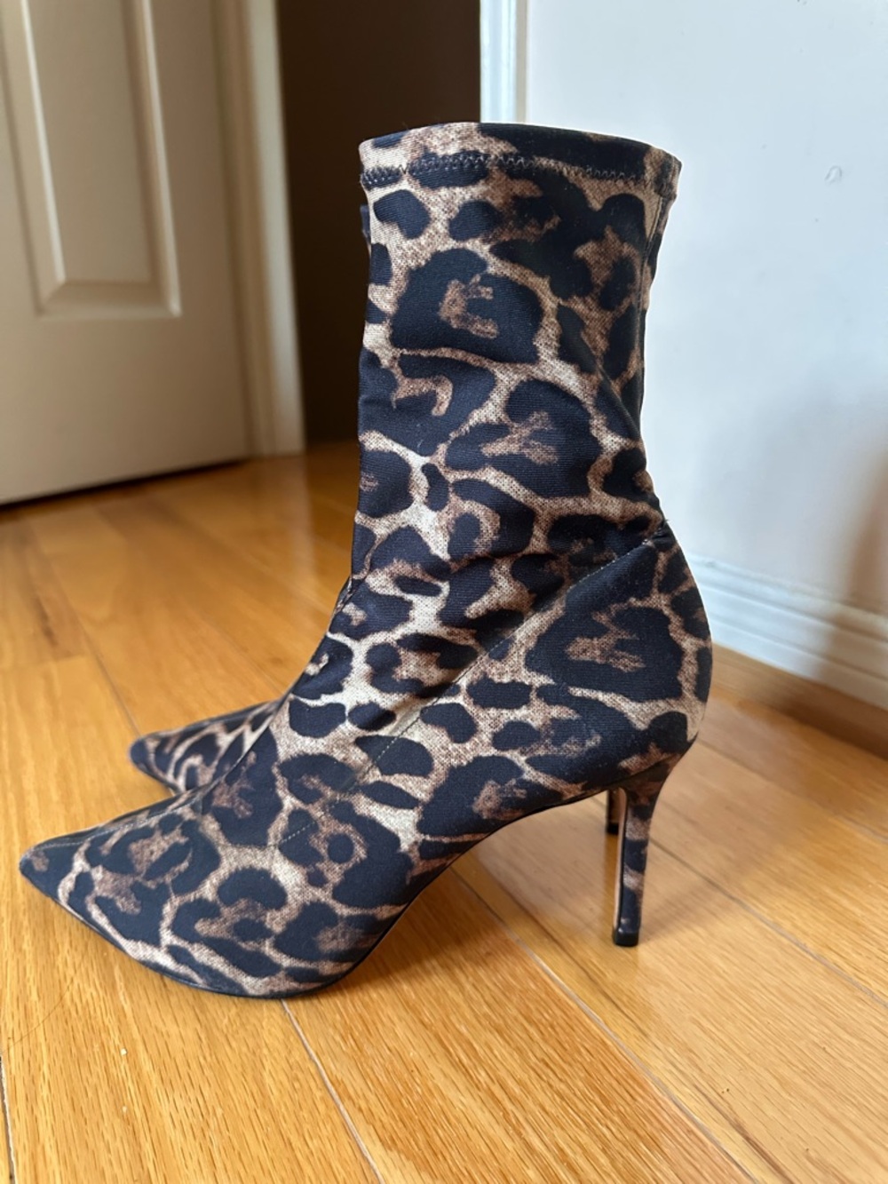 Black Suede Studio leopard print stretch heeled boots